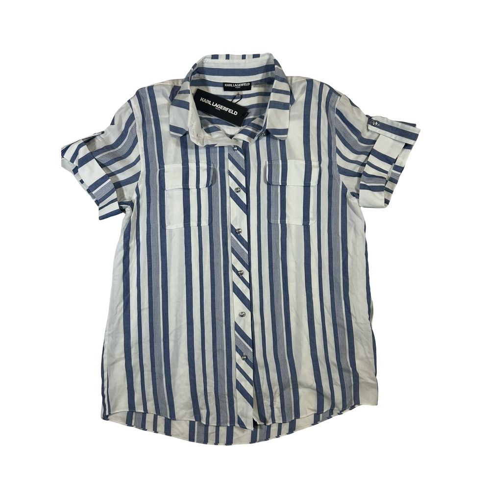 Karl Lagerfeld Paris Womens Blue White Striped Button Down Shirt Rayon Size‎ M